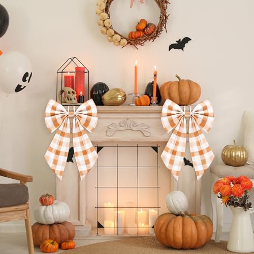 Orange Fall Plaid Wreath Bows 2-Pack - Large Burlap Front Door Decor