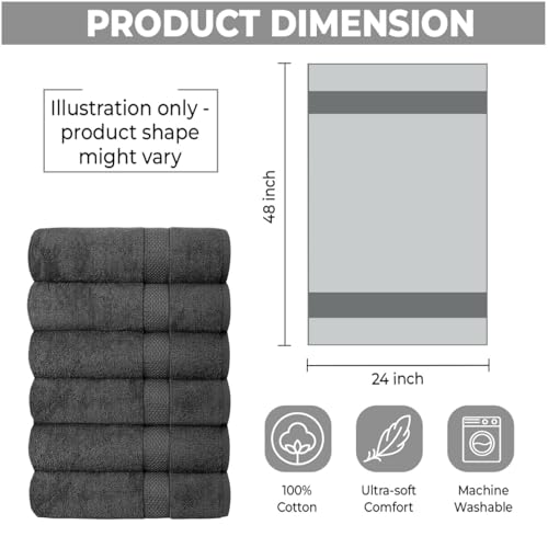 100% Cotton Bath Towels 24x48 - Ultra Soft & Absorbent Grey Set of 6
