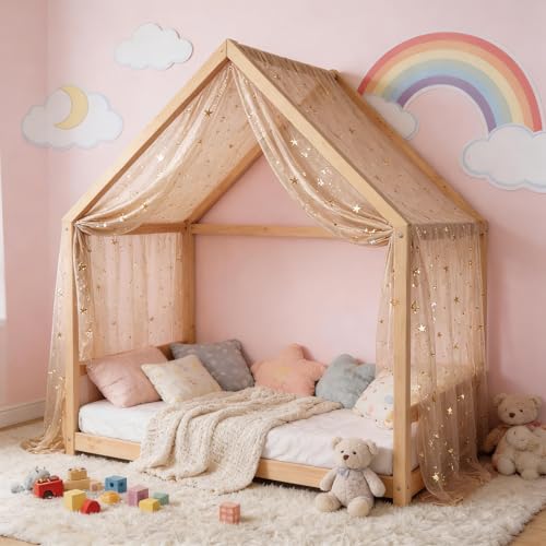 Sheer Star and Moon Canopy Bed Curtains for Kids Montessori and Twin Beds