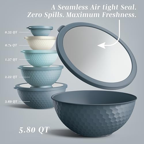 12-Piece Plastic Mixing Bowls Set with Lids - Blue Embossed Nesting Bowls