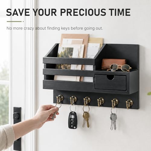 Rustic Farmhouse Wall Key Holder with Drawer and 6 Hooks for Entryway