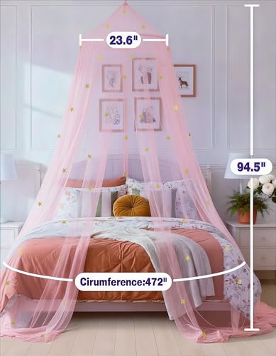 Pink Bed Canopy for Girls with Glow-in-The-Dark Stars, Princess Bed Curtain - Daksha, Pink with Stars