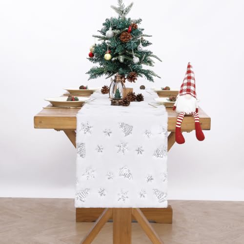 Christmas Sequin Faux Fur Table Runner Silver Snowflake 13x72 Inch - White & Silver Variation