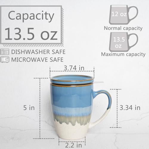 Bosmarlin Light Blue Ceramic Tea Mug with Infuser & Lid, 13.5oz, Dishwasher & Microwave Safe