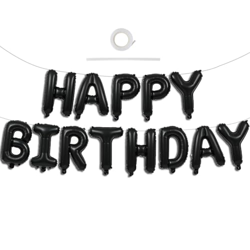 TONIFUL 16 Inch Black Happy Birthday Foil Letter Balloon Banner Decorations