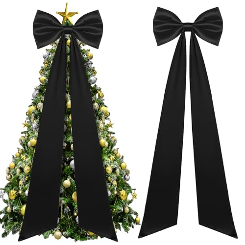Juinte Extra Large Black Satin Christmas Bow Tree Topper, 23.6'' x 15.8'', 90'' Tassel