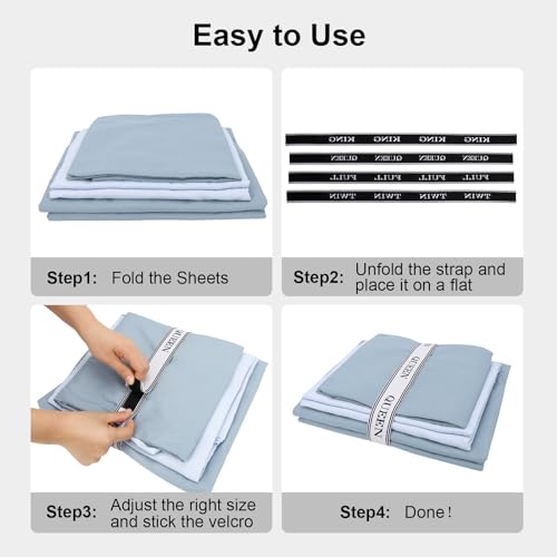 Elastic Bed Sheet Organizer Bands with Hook & Loop Size Labels - 4 Pack
