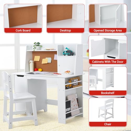 Kids Study Desk and Chair Set with Storage Shelves and Bulletin Board