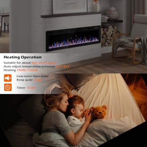 72 Inch Electric Fireplace Ultra-Thin Recessed & Wall Mounted
