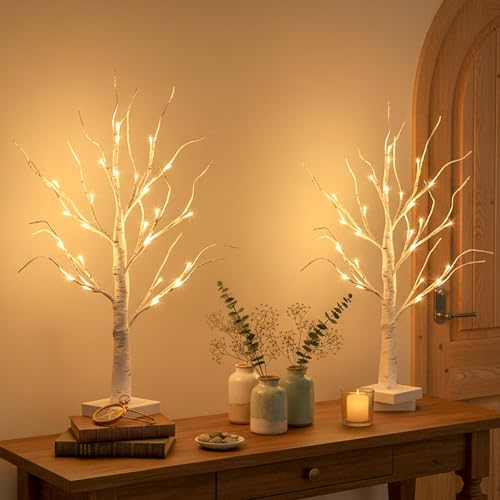 2FT Lighted Tabletop Birch Trees (2-Pack) - 24 LED Battery & USB Powered