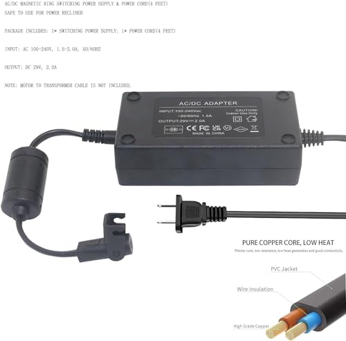 Universal Recliner Power Supply Adapter, 29V 2A 2-Pin Cord & Extension