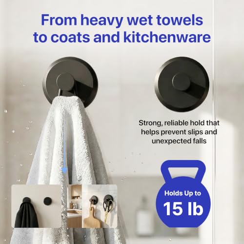 HOME SO Suction Cup Hooks for Shower & Bathroom Towel Holder 2-Pack Black