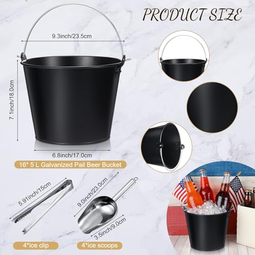Matte Black Galvanized Beer Buckets Set with Ice Scoops & Tongs - 24 pcs