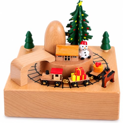 Wooden Christmas Music Box with Rotating Tree and Train - Wind-Up Holiday Decor