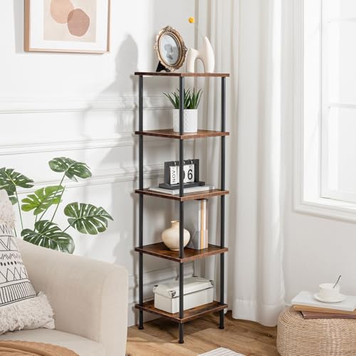 5-Tier Industrial Corner Shelf, Tall Rustic Brown Storage Display Rack