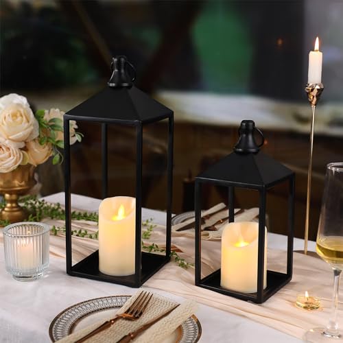 Black Decorative Metal Lanterns Set with Candles - 15" & 11"