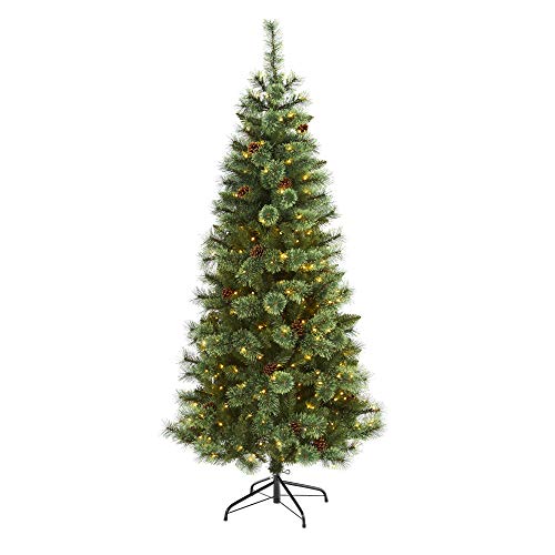 Nearly Natural 6ft Pre-Lit Slim Pine Artificial Christmas Tree - 300 LEDs, Metal Stand