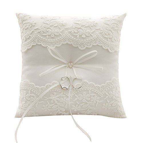 Ivory Satin Pearl Wedding Ring Pillow 8-Inch Square Ring Bearer Cushion