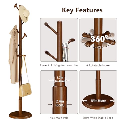 Solid Rubberwood Freestanding Coat Rack with 10 Hooks & Adjustable Height