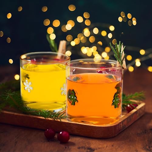 Sel Natural Christmas Icon Glasses Set - 4 pcs 14 oz Holiday Drinkware with Snowflake, Candy Cane, Gingerbread, Tree Designs