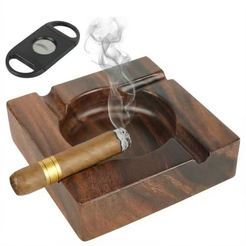 Wooden Cigar Ashtray with Cutter, 4-Slot Walnut Ash Tray for Home and Patio