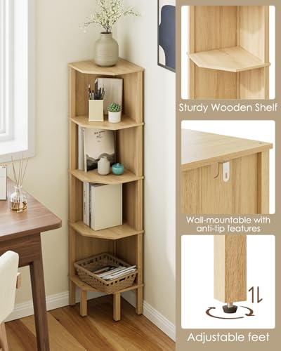 5-Tier Oak Corner Bookshelf, Space-Saving Display Storage Rack