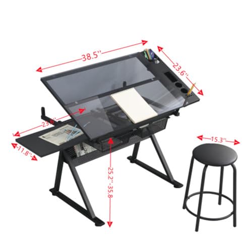 Height Adjustable Drafting Table with Stool and Tilting Glass Top