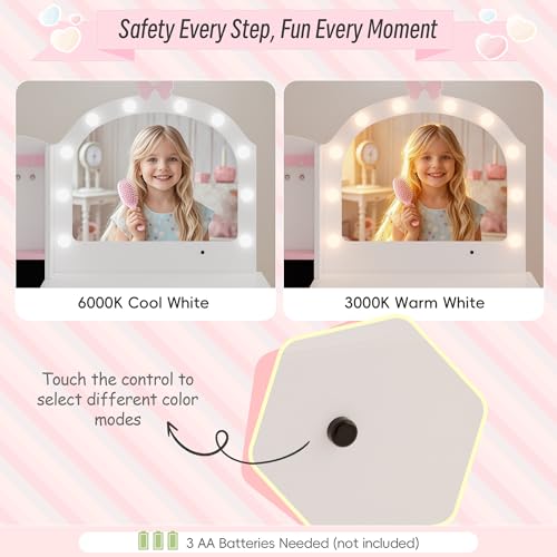 Kids Vanity Table and Chair Set with LED Mirror and Jewelry Organizer