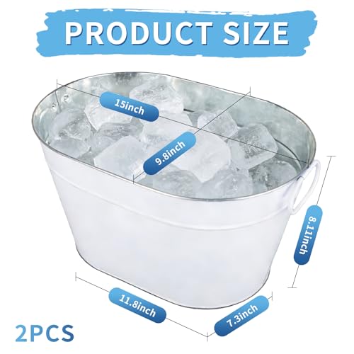 White Galvanized Beverage Tub 3 Gallon Ice Bucket with Handles for Drinks & Parties - SENCOS