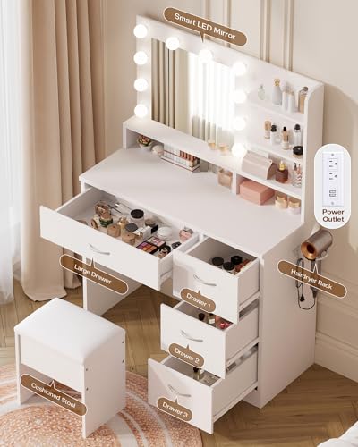 White Makeup Vanity Desk with Lighted Mirror, Charging Station & Stool