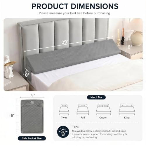 Twin Bed Wedge Pillow Gap Filler with Side Pocket Storage