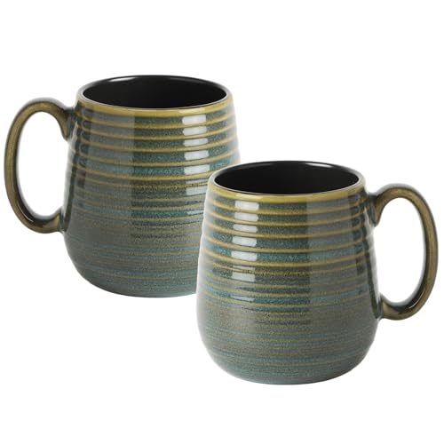 Large 20 oz Ceramic Coffee Mug Set - Green Stripe, Dishwasher Safe