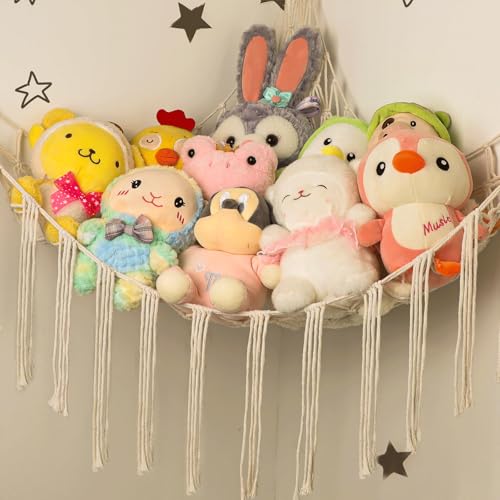 Large Boho Stuffed Animal Hammock - Corner Plush Toy Storage Net for Nursery