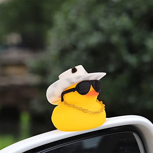 Wonuu Z-black Spots White Cowboy Hat Rubber Duck Car Ornament with Propeller Helmet