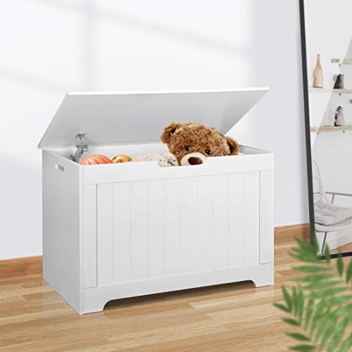 30-Inch Wooden Toy Storage Chest with Safety Hinges - White Toy Bench Box