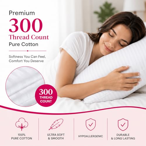 Standard Cotton Pillow Protectors - 300 TC Breathable Zippered Covers (2 Pack)