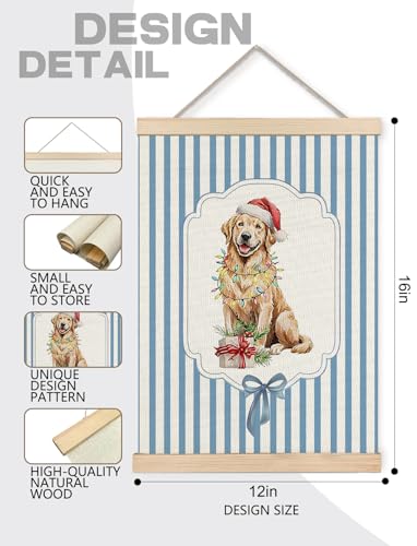 GDJIEGBC Funny Christmas Golden Retriever Wall Art Decor - Blue Stripes, 12x16 Inches, Variation 3