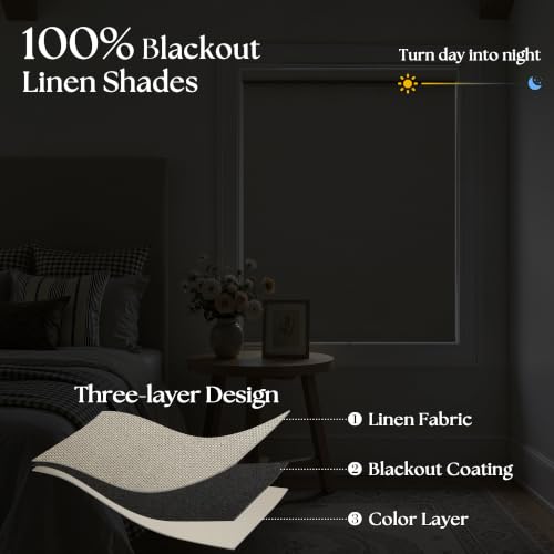 Cordless Blackout Roller Shades - 100% Linen, Free-Stop Design, 34" W x 72" H