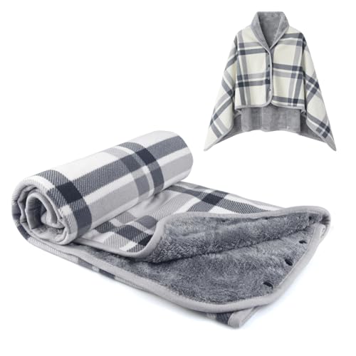 Wearable Fleece Poncho Blanket with Snaps - Soft Plaid Throw for Sofa