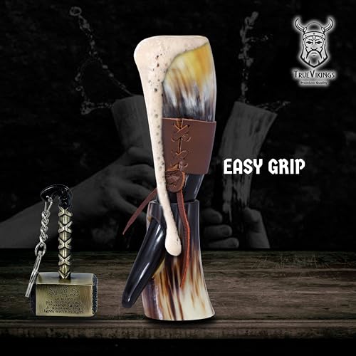TRUE VIKING Handcrafted Ox Horn Drinking Horn - Shine Polished Pack of 1 with Thor Bottle Opener & Stand, 12 oz Viking Beer & Mead Cup - Valentine Gift