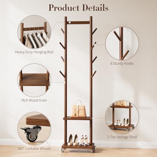 Solid Wood Rolling Coat Rack with 8 Hooks & Shelves, Portable Garment Stand