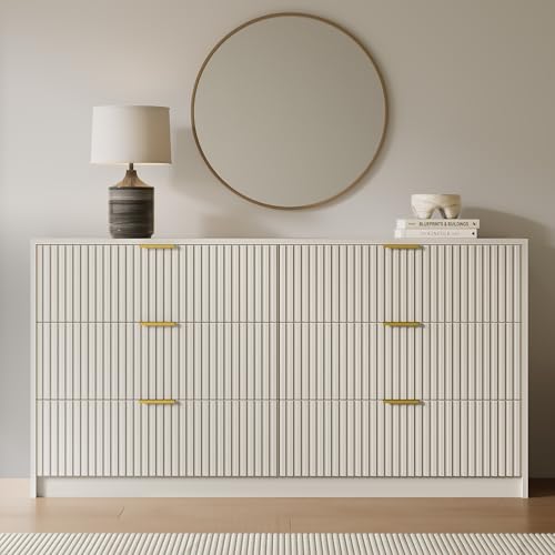 6-Drawer Fluted Wood Dresser, 55-inch Wide Modern Storage Chest in Beige