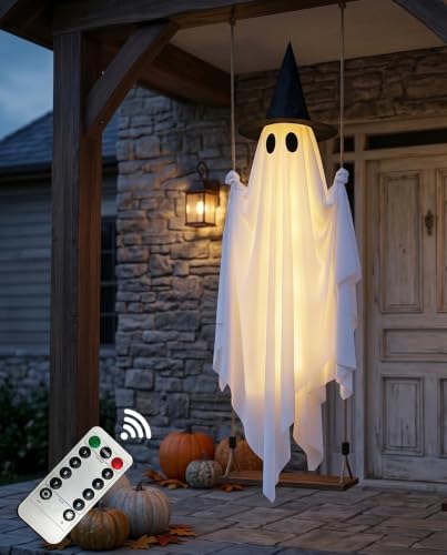 5FT Halloween Swinging Ghost Outdoor Decor with LED Lights and Detachable Witch Hat