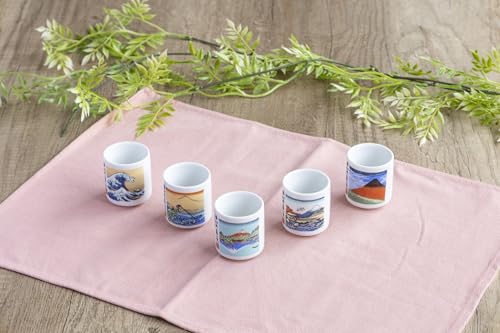 Mino Ceramic Sake Cups Set of 5 with Hokusai Mt. Fuji Art - Made in Japan