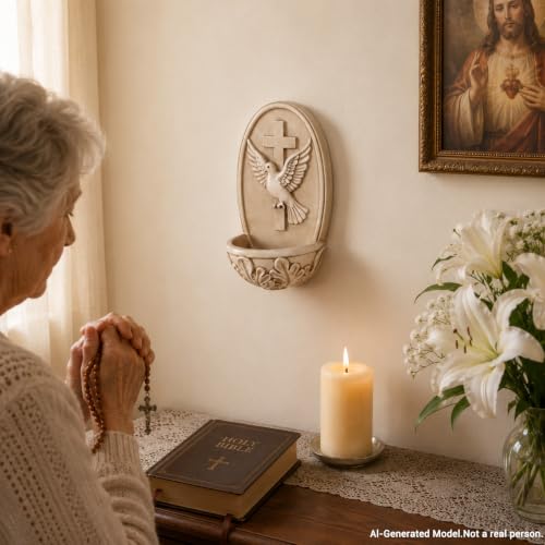 Catholic Holy Water Font for Wall - Resin Cross and Dove Blessing Bowl, 6.8 In