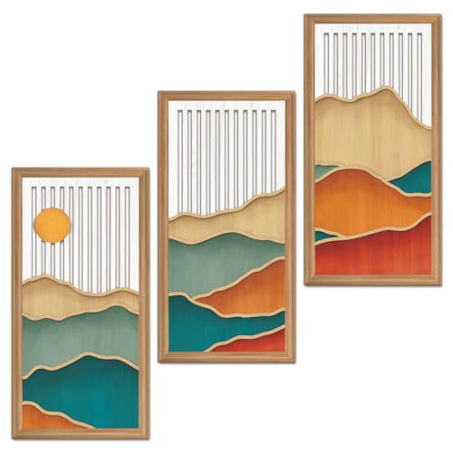 3-Piece Boho Mountain Landscape Wooden Wall Art, Minimalist Nature Decor