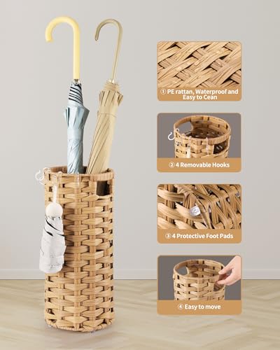 Hand Woven Rattan Umbrella Stand with Drip Tray and 4 Hooks, 16.5-inch