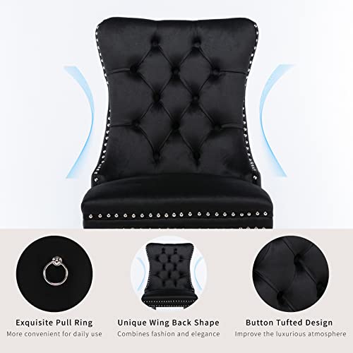 Set of 4 Black Velvet Dining Chairs, Tufted Upholstered Wing Back Chairs