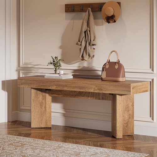 47-Inch Wooden Entryway Bench, Farmhouse Rustic Brown Bedroom Bench