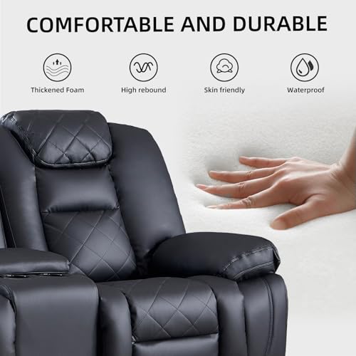 3-Seat Faux Leather Manual Reclining Sofa, Black Overstuffed Living Room Couch
